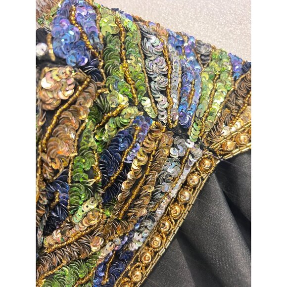 Vintage Moonlite 80s Dynasty Black Sequin Silk Beaded Jacket Open Front XL Large - Picture 7 of 8